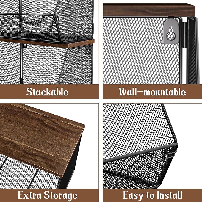 2 Tier Fruit Basket for Kitchen Counter, Stackable Onion and Potato Storage Basket, Wall Mounted Wire Basket with Wood Lid, Hanging Kitchen Storage Vegetable Organizer, 11.8 x 7.1 x 8.6 Inch