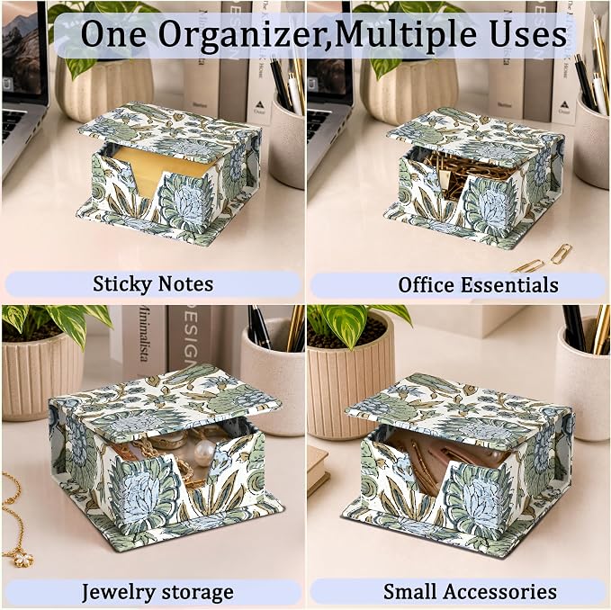 Ridhi Block Print Asparagus Green Sticky Note Holder Box for Desk, Aesthetic Memo Pad Organizer, Sticky Note Box Decorative Office Accessory, Stationery Gift for Teachers, Students, Professionals