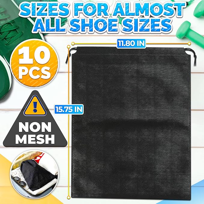 Shoe Bags for Travel, 10 Pack, 11.8"x15.75", Drawstring, Solid (Black) | Travel Shoe Backpack Set; Waterproof, Lightweight Fabric; for Luggage, Clothes, Gym, and Closet Organizing