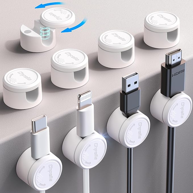9 Pack Magnetic Cable Clips - Chfeila [Upgraded Twist-Lock] Cord Organizer, [360°Rotating Lid] Cable Management, Adhesive Wire Holder for Home Office Desk Desktop Nightstand Car Table Wall (White)