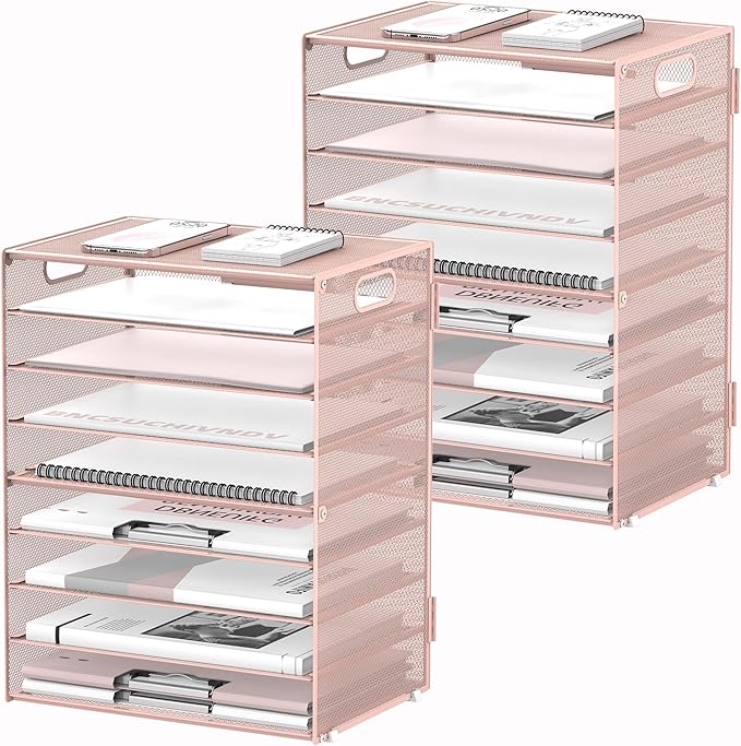 DALTACK 9-Tier Paper Organizer for Desk, Mesh Letter Tray Desk Organizer with Handles, Space-Saving File Organizer for Office Home School, Pink 2 Pack