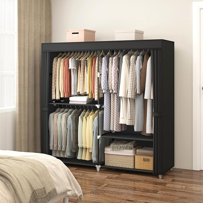 MOGELAFOO 62.5” Portable Closet, Freestanding Wardrobe Clothes Rack with Fabric Cover, 3 Hanging Rods and 4 Storage Shelves for Bedroom, Black