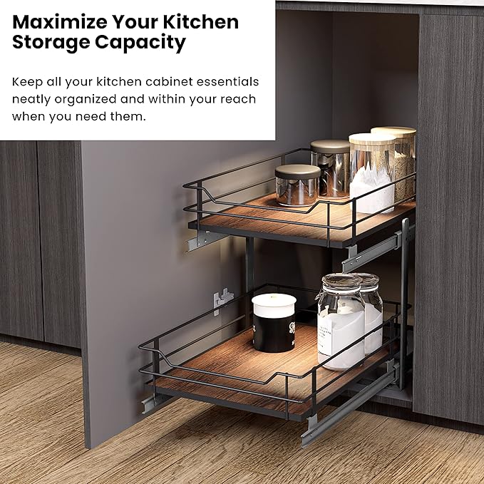 Home Zone Living Pull Out Kitchen Cabinet Organizer with 2 Tiers of Storage for Easy Access, 15”W x 20”D, Matte Black With Dark Brown, Virtuoso Collection