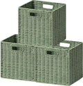 UBBCARE 3 Pack Wicker Basket, 11L×11H×10.5W inch Woven Paper Rope Storage Baskets for Shelves, Foldable Cube Storage bin with Handle, Storage Basket for Organizing & Decor, Green