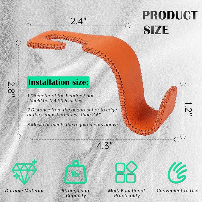 Amooca Car Seat Headrest Hook Universal Vehicle Storage Hanger Leather with Metal Car Seat Back Organizer for Handbag Purse Coat Orange 2 Pack