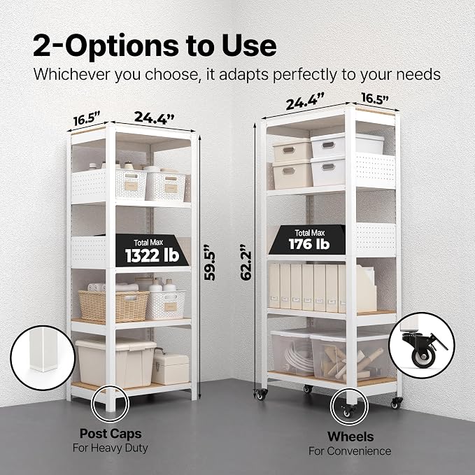 HOMEDANT 5-Tier Rolling Shelving Unit with Lockable Wheels Multipurpose Storage Cart with Pegboards for Kitchen Laundry Pantry 24" W 1Pack