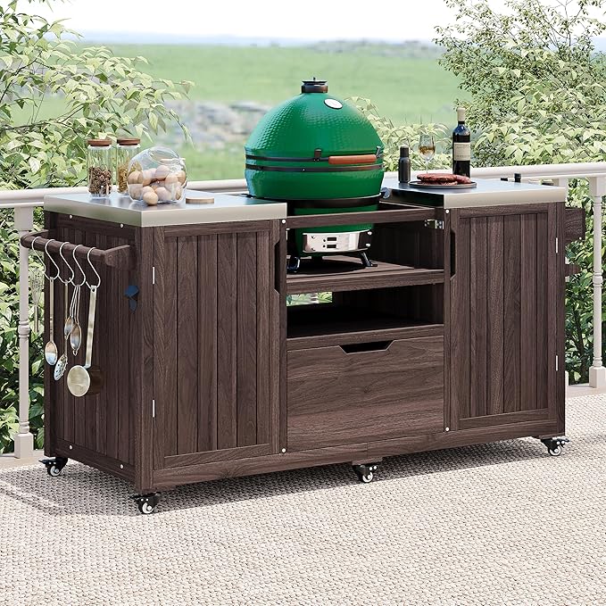 Amposei Outdoor Grill Cart Table for Large Big Green Egg Accessories 66.5’’ Solid Wood Kitchen Storage Island Prep Station with Stainless Steel Top for BBQ, Dark Brown