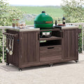 Amposei Outdoor Grill Cart Table for Large Big Green Egg Accessories 66.5’’ Solid Wood Kitchen Storage Island Prep Station with Stainless Steel Top for BBQ, Dark Brown