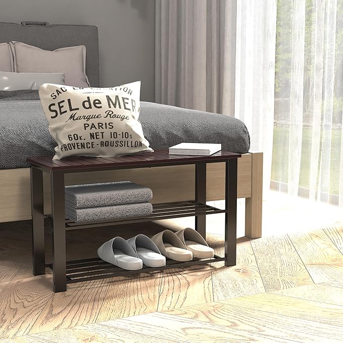 Simple Houseware Wood Top Shoe Storage Bench for Entryway, Dark Brown