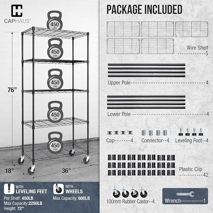 CAPHAUS NSF Commercial Grade Wire Shelving w/Wheels, Leveling Feet & Liners, Storage Metal Shelf, 36 x 18 x 76 5-Tier No Liner (RWW-CH36185HDW-BK@CH-CM)