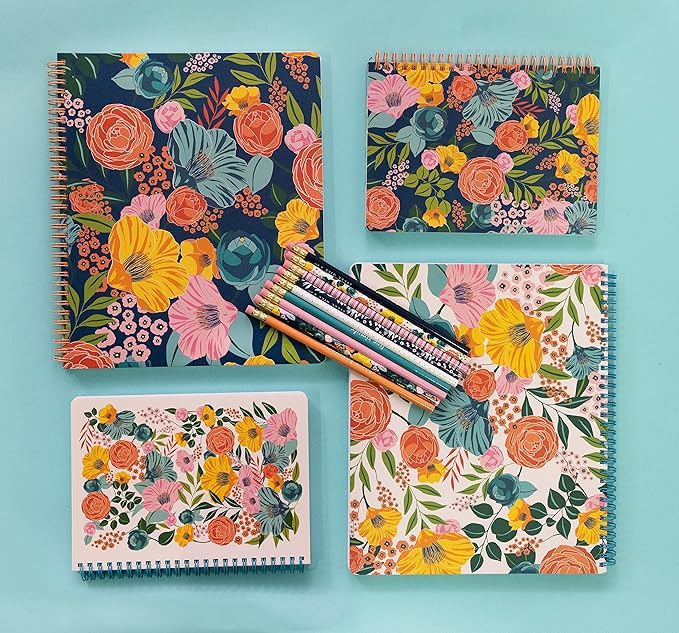 Steel Mill & Co Cute Large Spiral Notebook College Ruled, 11" x 9.5" with Durable Hardcover and 160 Lined Pages, Garden Blooms (Navy)
