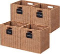 UBBCARE 4 Pack Wicker Basket, 12×12 Storage Cubes with Label, Foldable Cube Storage Bin with Handle, Square Storage Basket for Shelves, Woven Paper Rope Basket for Organizing, Caramel