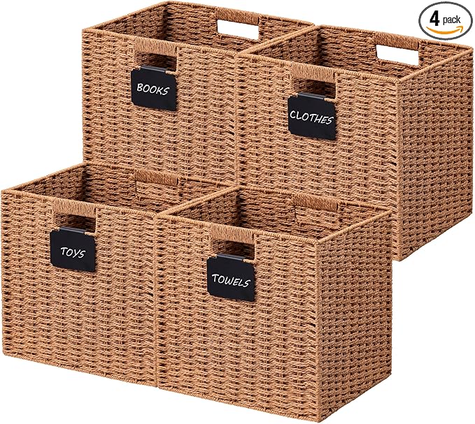 UBBCARE 4 Pack Wicker Basket, 10.5×10.5 Storage Cubes with Label, Foldable Cube Storage Bin with Handle, Square Storage Basket for Shelves, Woven Paper Rope Basket for Organizing, Caramel