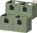 UBBCARE 4 Pack Wicker Basket, 12×12 Storage Cubes with Label, Foldable Cube Storage Bin with Handle, Square Storage Basket for Shelves, Woven Paper Rope Basket for Organizing, Dark Green