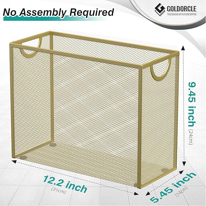 Hanging File Organizer, Letter-Size File Holder Filing Box with 5 Hanging Folders, Metal Mesh Desk File Folder Storage(No Assembly Required) (Gold)