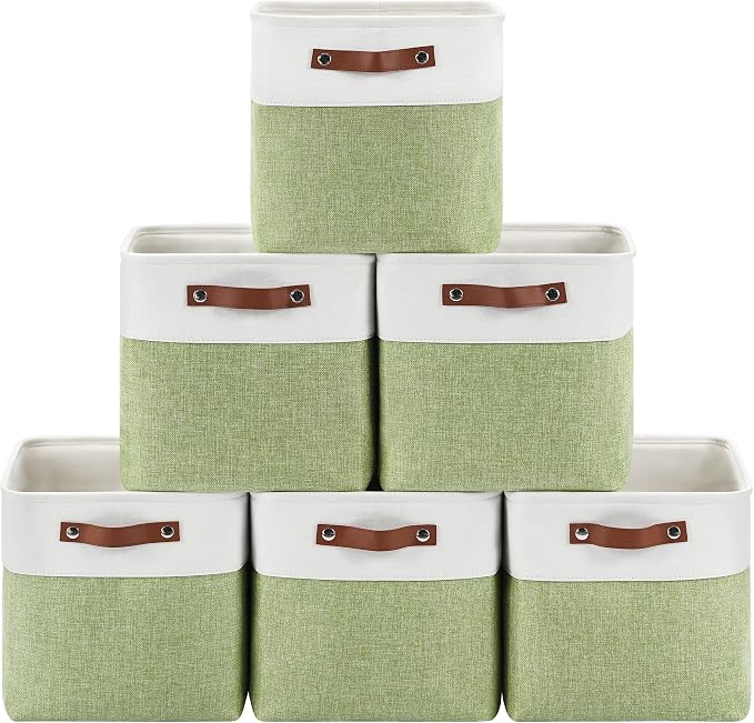 Patvingot Fabric Storage Cubes 11", 6 Pack, with PU Pull Handles,Foldable | For accessories on cube shelves or in closets; reinforced opening, pull-out access, folds flat when empty,white and green