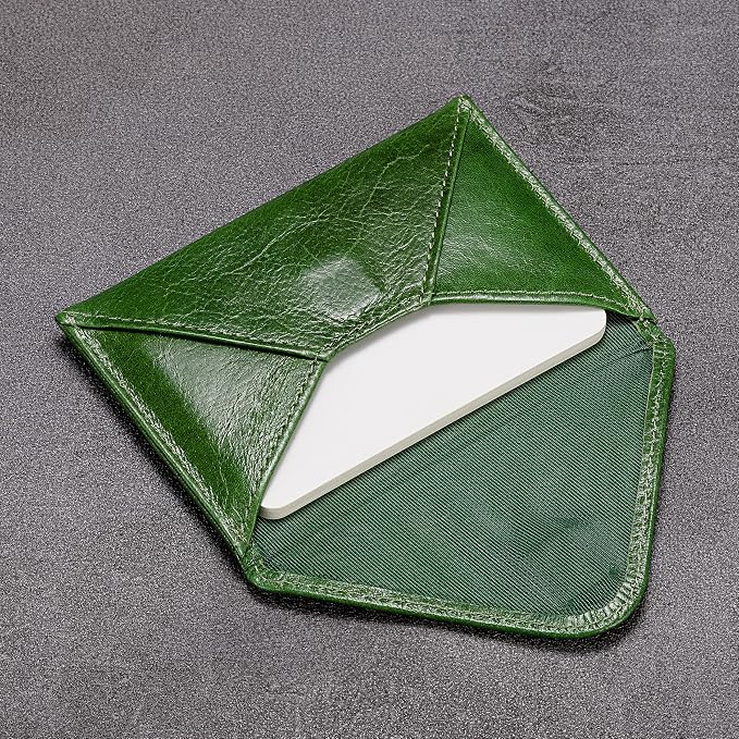 HISCOW Envelope Business Card Case with Magnet Closure - Italian Calfskin (Green Vegetable-Tanned Leather)