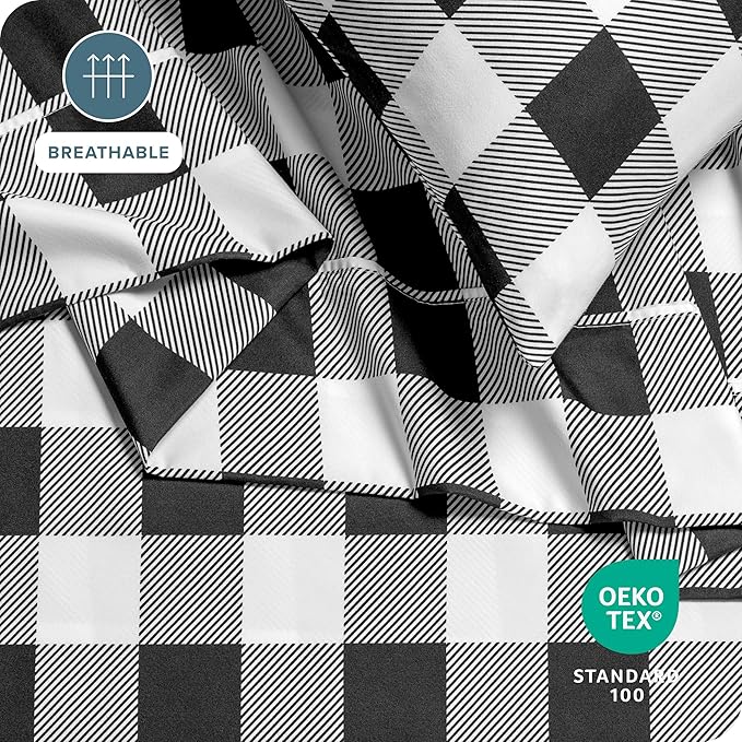 Bare Home Queen Sheet Set - Luxury 1800 Ultra-Soft Microfiber Double Brushed - Deep Pockets - Easy Fit - 4 Piece Set & Pillowcases (Queen, Buffalo Plaid - White/Black)
