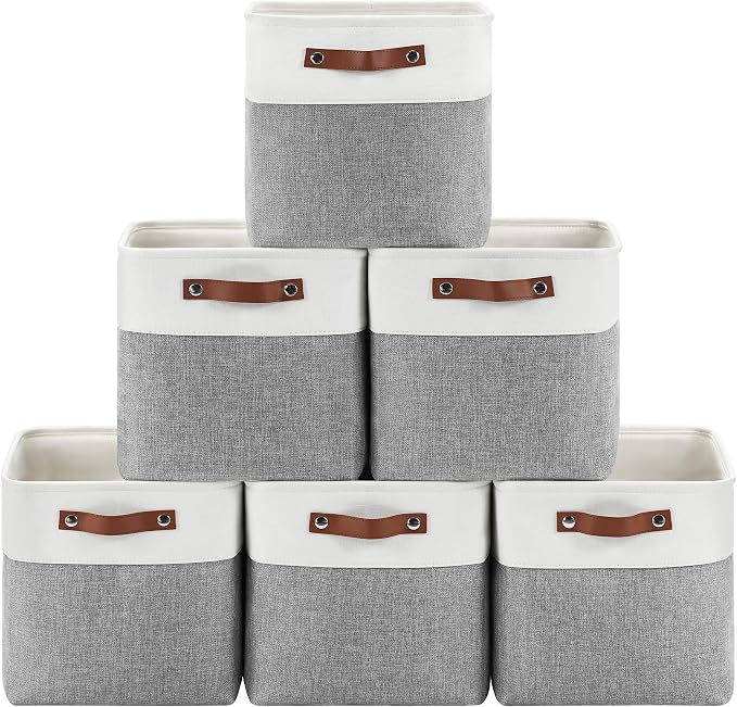 Patvingot Fabric Storage Cubes 11", 6 Pack, with PU Pull Handles,Foldable | For accessories on cube shelves or in closets; reinforced opening, pull-out access, folds flat when empty,white and gray
