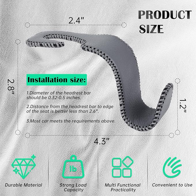 Amooca Car Seat Headrest Hook Universal Vehicle Storage Hanger Leather with Metal Car Seat Back Organizer for Handbag Purse Coat Grey 4 Pack