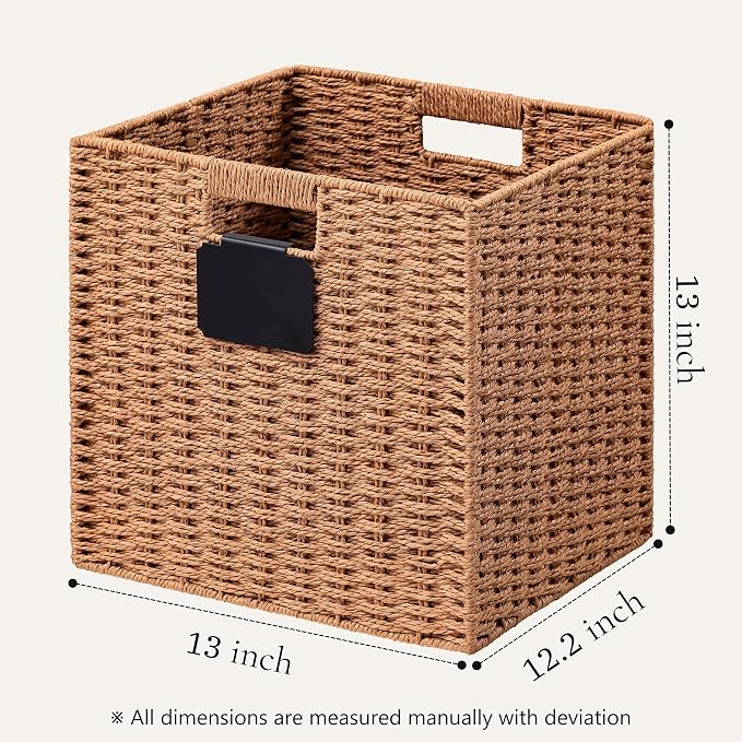 UBBCARE 4 Pack Wicker Basket, 13×13 Storage Cubes with Label, Foldable Cube Storage Bin with Handle, Square Storage Basket for Shelves, Woven Paper Rope Basket for Organizing, Caramel