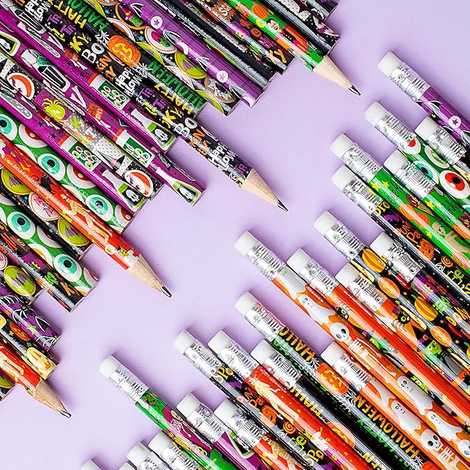 JOYIN 48PCS Halloween Pencils Bulk with Eraser, Colorful Fall Pencil Assortment, 12 Design Halloween Themed Stationery Set for Kid Girl Boy Trick or Treating Party Favor Supplies, Classroom Gift Prize