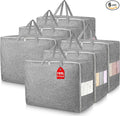 6Pack 105L Extra Large Storage Bags, Folding Moving Comforter Blanket Storage Bags Closet Organizers and Storage Containers for Clothes with Strong Handles&Zippers Clear Window for Bedding Pillow Grey