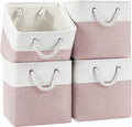 Patvingot 11 Inch Cube Storage Bins, 4 Pack Fabric Storage Cubes with Rope Handles, Organizer Baskets for Closet Shelves, Clothes and Home Organization(White/Pink)