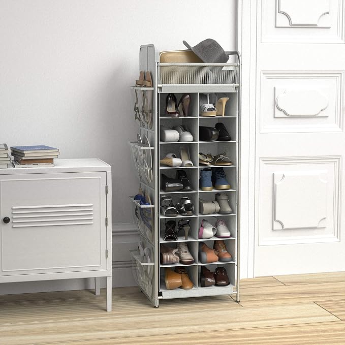 Simple Houseware 16 Cube Shoe Stand Tower Rack 8 Tier, Gray | Top Shelf and Side Hanging Pockets