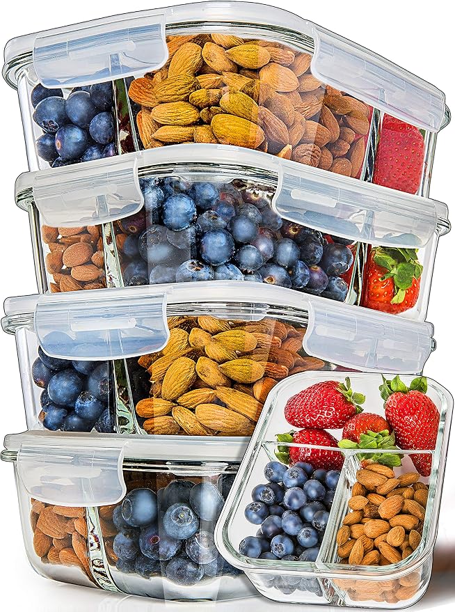 PrepNaturals 5 Pack 34 Oz Glass Meal Prep Containers - Dishwasher Microwave Freezer Oven Safe - Glass Storage Containers with Lids (Multi-Compartment) | Borosilicate Glass Meal Prep Containers - Airtight Leak-Resistant Lids, Microwave, Oven & Freezer S...