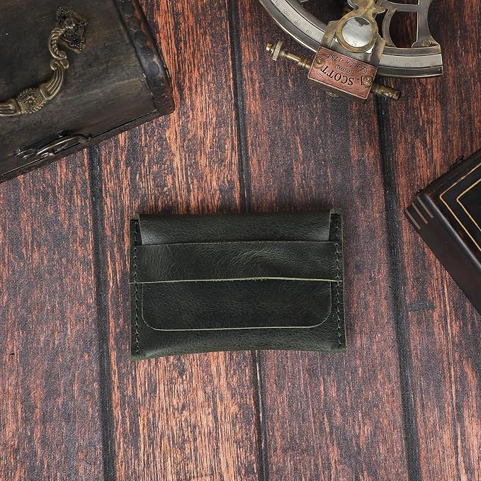 Distressed Leather Business Card Holder Slim Credit Card Wallet for Men and Women Vintage Brown Leather Compact Minimalist Card Organizer for Pocket or Purse Durable Card Case (Green)