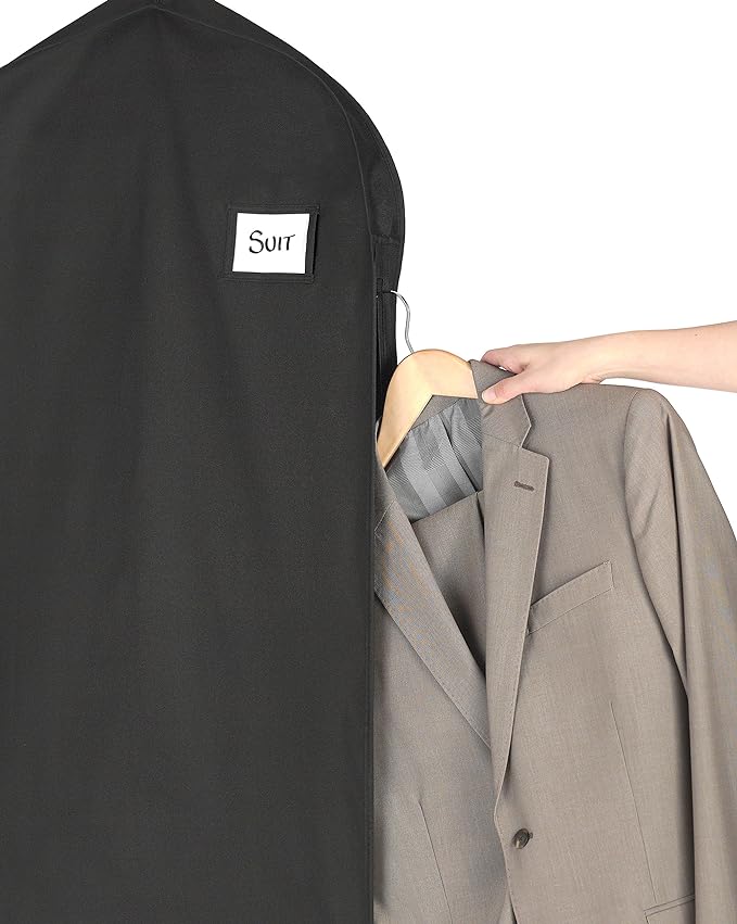 Whitmor Deluxe Suit Garment Bag, 38" Heavy Duty 3" Gusset Clothes Cover for Suits, Jackets & Uniforms, Water-Repellent Polyester with ID Pocket & Full-Length Side Zipper, Black