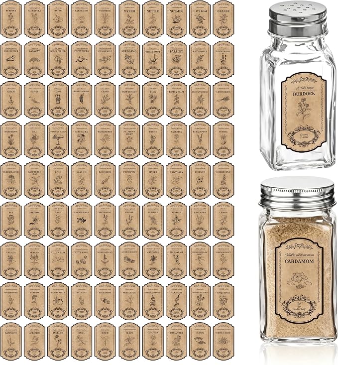 WATINC Vintage Herb and Spice Labels - 90PCS Apothecary Jar Stickers | Vintage Sketch Style, Waterproof Tags, Bottle Labels with Latin Names & Meanings, Various Designs for Kitchen Pantry