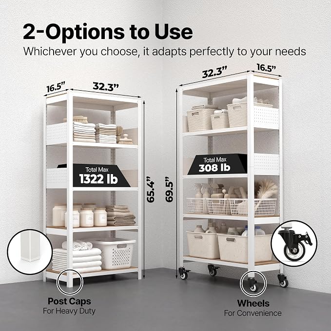 HOMEDANT 5-Tier Rolling Shelving Unit with Lockable Wheels Multipurpose Storage Cart with Pegboards for Kitchen Laundry Pantry 32" W 2Pack