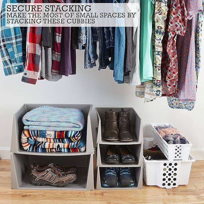 Stackable Storage Containers with Open Front, 3 Pack, Great Organizing Bins for Pantry, Closet, Bedroom, and all Storage, Grey, 15.2” x 10.6” x 6.0”