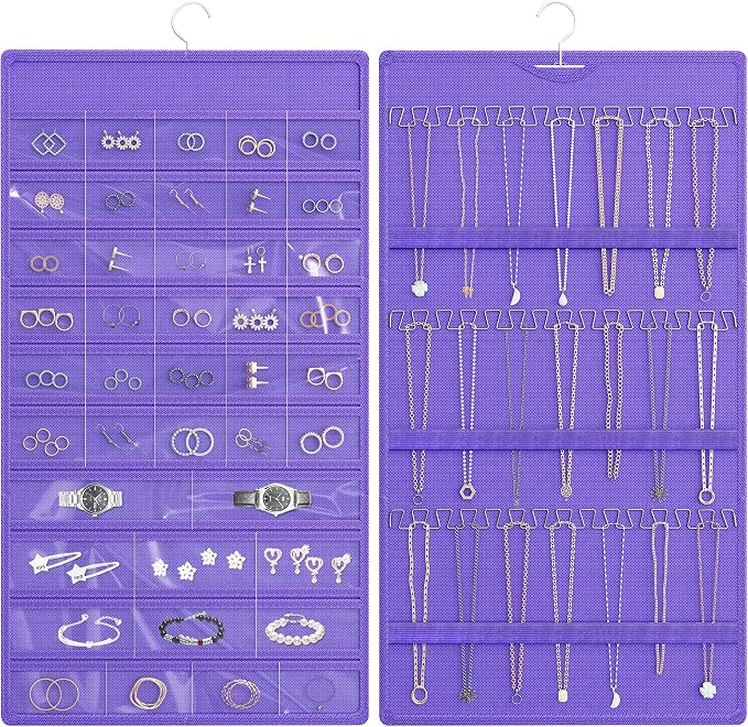 Hanging Jewelry Organizer, Double-Sided Necklaces Holder, Purple | 42 clear pockets organize rings & earrings; 36 wire necklace hooks reduce tangles; top hook hangs in closets, walls or doors.