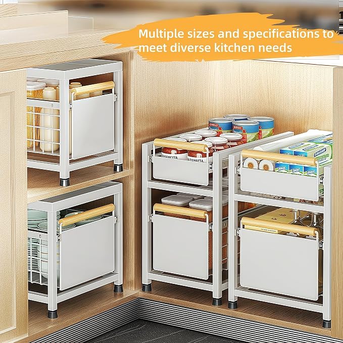 Pull Out Cabinet Organizer, Pull Out Basket Drawers for Cabinets, Slide Out Basket Drawers for Kitchen Cabinets, Under Sink Organizer for Kitchen, Bathroom (Grey Large Double-tier)