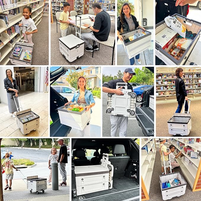 Wellmax Rolling Crate with Wheels, Foldable Utility Cart with Adjustable Handle, Silent Rolling Design, 132 lbs Load Capacity — Great for Teachers, Office, Groceries & Everyday Use
