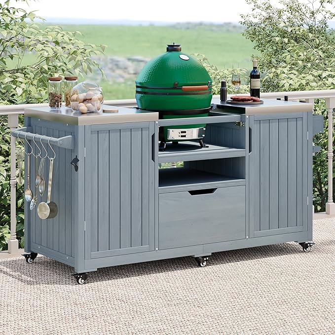 Amposei Outdoor Grill Cart Table for Large Big Green Egg Accessories 66.5’’ Solid Wood Kitchen Storage Island Prep Station with Stainless Steel Top for BBQ, Grey Blue