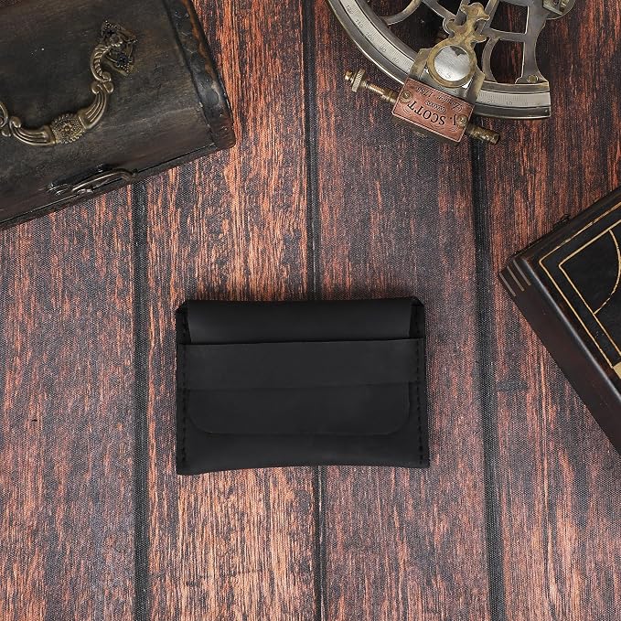 Distressed Leather Business Card Holder Slim Credit Card Wallet for Men and Women Vintage Brown Leather Compact Minimalist Card Organizer for Pocket or Purse Durable Card Case (Black)
