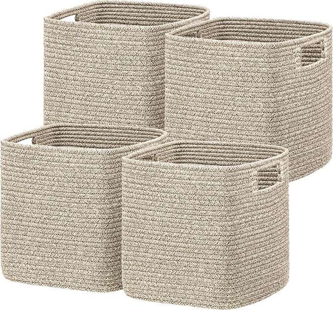 UBBCARE Storage Cubes 11 Inch, Cotton Rope Woven Baskets for Organizing, Cube Storage Bin for Baby Nursery, 4-Pack Square Storage Baskets for Shleves Organizer, Closet, Kidsroom, All Browm
