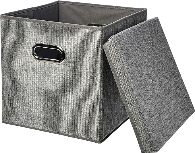 Amazon Basics Foldable Burlap Cloth Cube Storage Bins with Lid, Collapsible Organizing Containers, Stackable and Sturdy, Gray, Set of 2