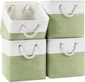 Patvingot 11 Inch Cube Storage Bins, 4 Pack Fabric Storage Cubes with Rope Handles, Organizer Baskets for Closet Shelves, Clothes and Home Organization(White/Green)