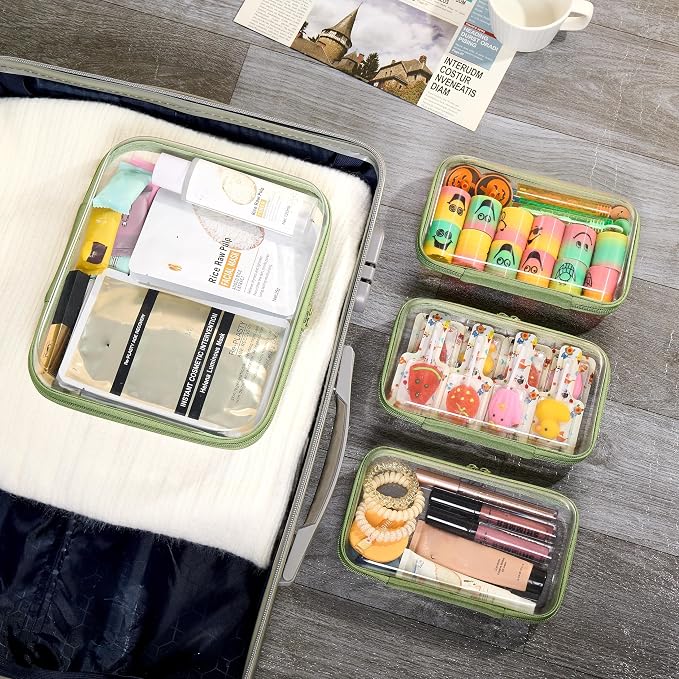 4 pcs Clear Zipper Pouches,Hard Shell Zipper Case,Toiletry Bag for Trave | CLear Diaper Bag, Toiletry Pouch, Travel Organizer, Cosmetic Bag,Toy Storage Bins (M+3S) (Mint Green)