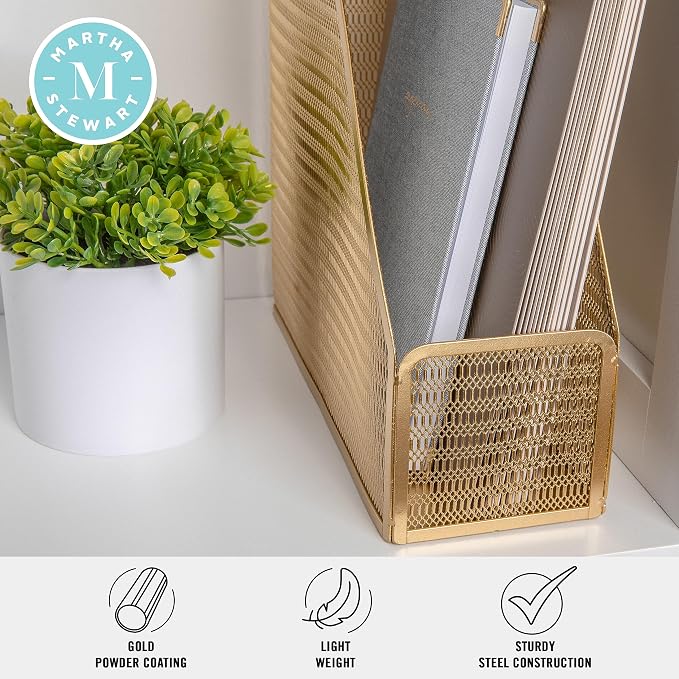 Martha Stewart Ryder Gold Mesh Metal Single Slot Magazine File Holder, Desktop Organizer, 9.75 x 3.75 x 11.5