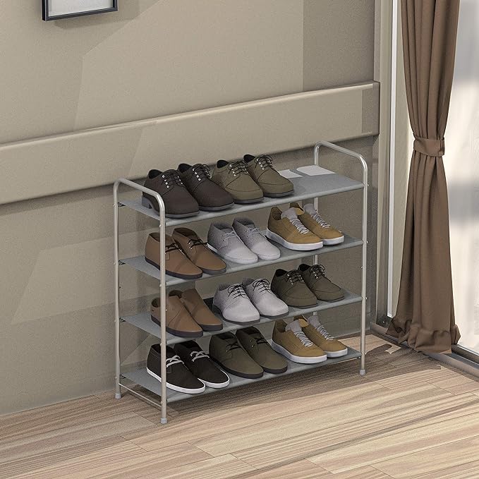 Simple Houseware 4-Tier Shoe Rack Storage Organizer, 12-20 Pair, Grey | Space-Saving Shoe Shelf with Sturdy Metal Frame and Non-Woven Fabric Shelves for Entryway, Garage & Corridor