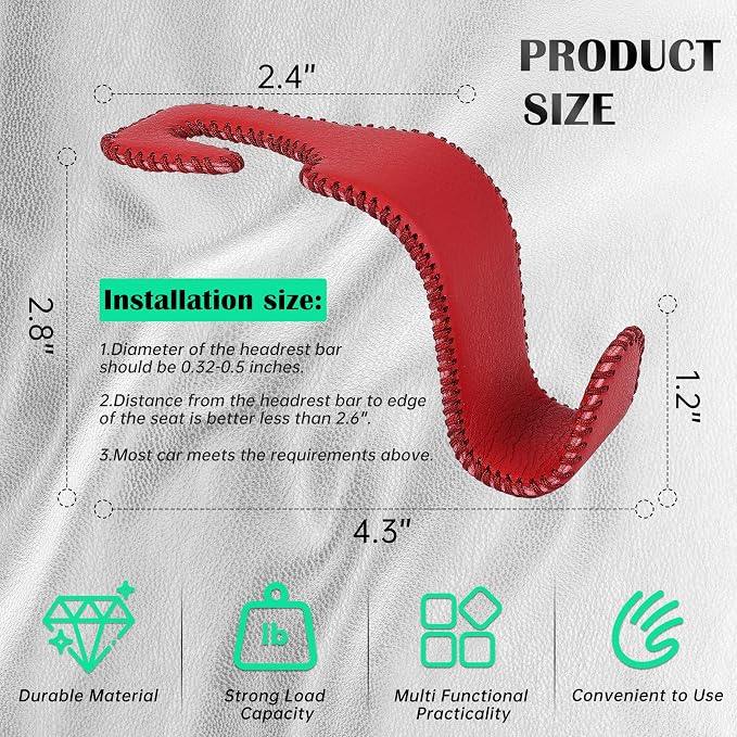Amooca Car Seat Headrest Hook Universal Vehicle Storage Hanger Leather with Metal Car Seat Back Organizer for Handbag Purse Coat Wine 4 Pack