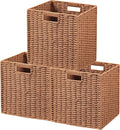 UBBCARE 3 Pack Wicker Basket, 11L×11H×10.5W inch Woven Paper Rope Storage Baskets for Shelves, Foldable Cube Storage bin with Handle, Storage Basket for Organizing & Decor,Caramel