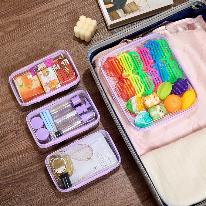 4 pcs Clear Zipper Pouches,Hard Shell Zipper Case, Toiletry Bag for Travel, CLear Diaper Bag, Toiletry Pouch, Travel Organizer, Cosmetic Bag,Toy Storage Bins (M+3S) (Lavender)