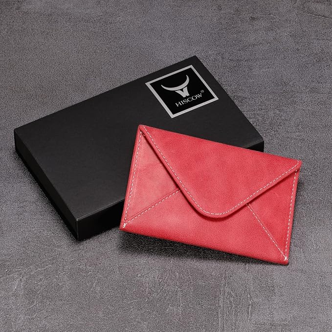 HISCOW Envelope Business Card Case with Magnet Closure - Italian Calfskin (Vintage Red)